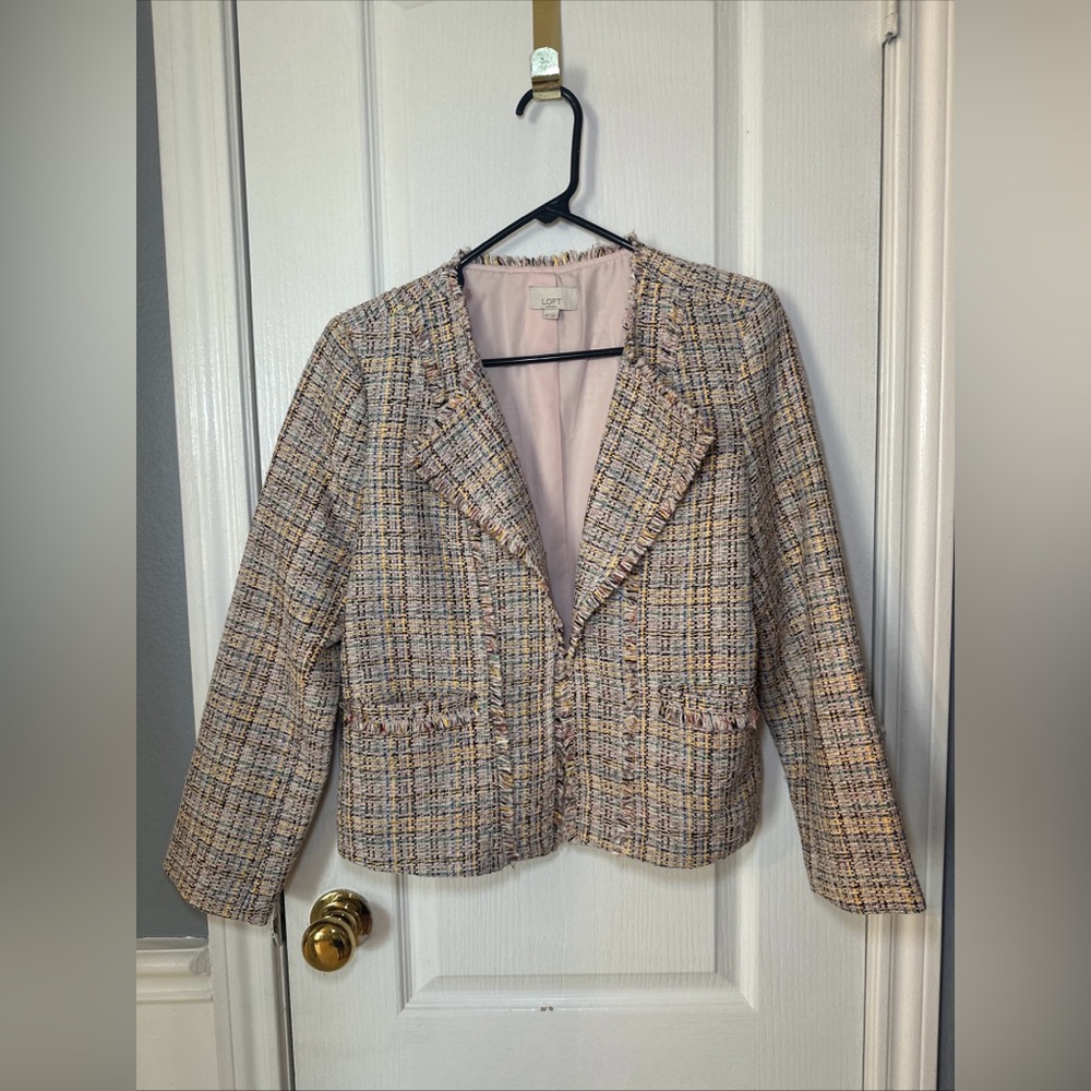 LOFT Blazer Jacket Sz 6P Womans Pink Open Front Fringe‎ tweed